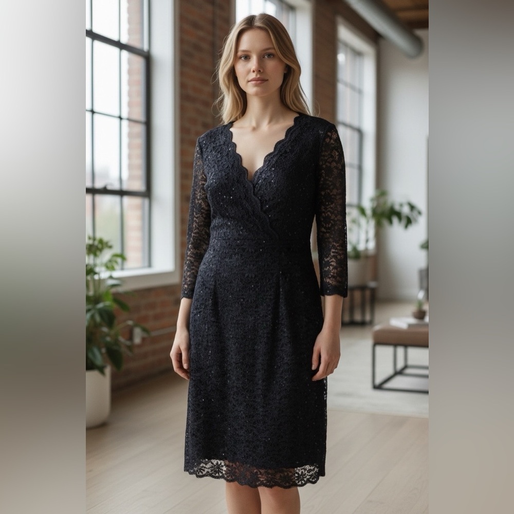 Alex Evenings Navy Sequin Lace 3/4 Sleeve V-Neck Dress Size 12